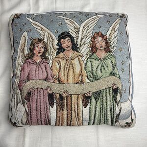 Vintage Martha Stewart Tapestry Throw Pillow 3 Angels Blue 15” Square